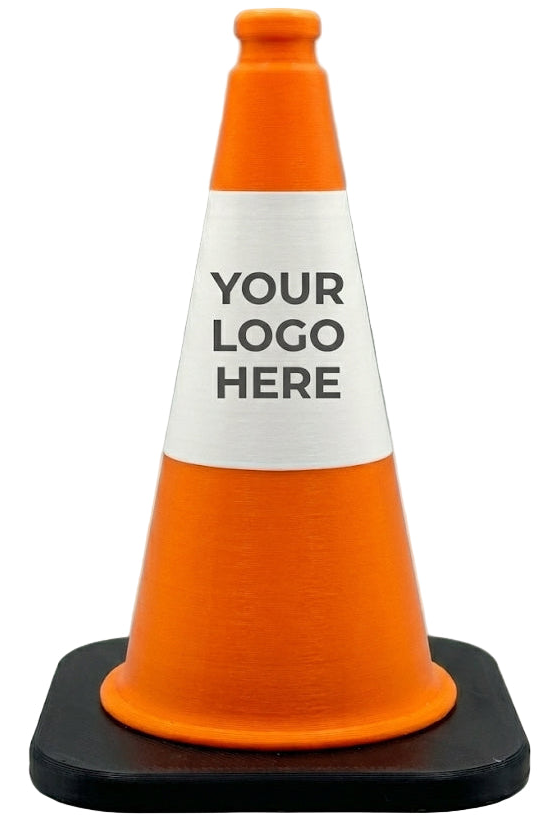Custom mini construction cone with logo on a desk.