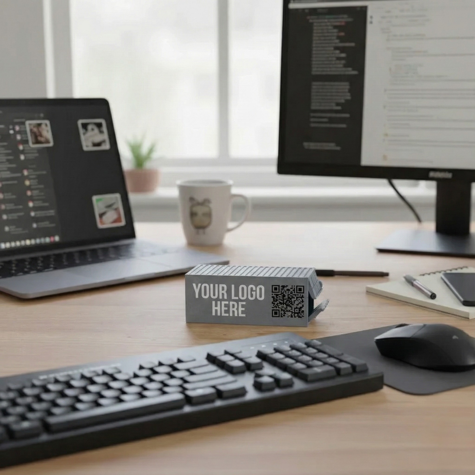 Custom mini shipping container with a logo and QR code on an office desk.